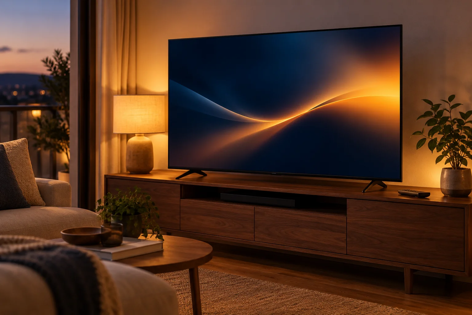 Televisão numa sala com iluminação acolhedora